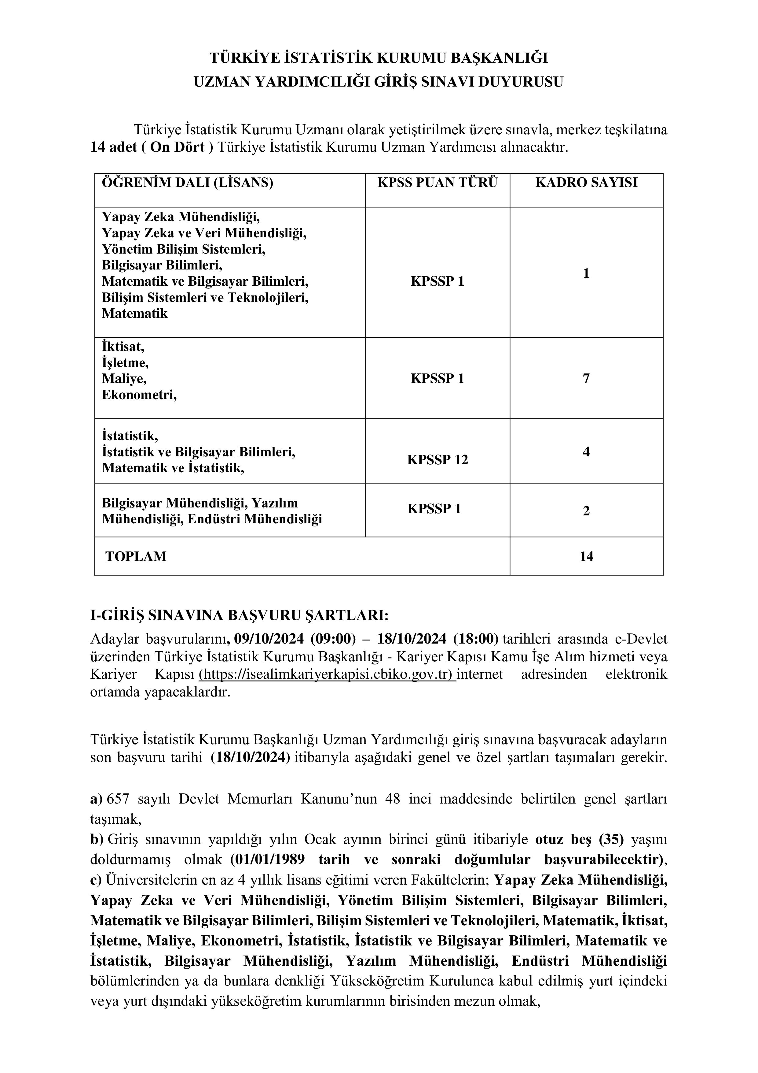 TÜRKİYE İSTATİSTİK KURUMU BAŞKANLIĞI 14 TÜRKİYE İSTATİSTİK KURUMU UZMAN YARDIMCISI ALACAK ( 9 Ekim - 18 Ekim) İlan İçeriği Sayfa 1
