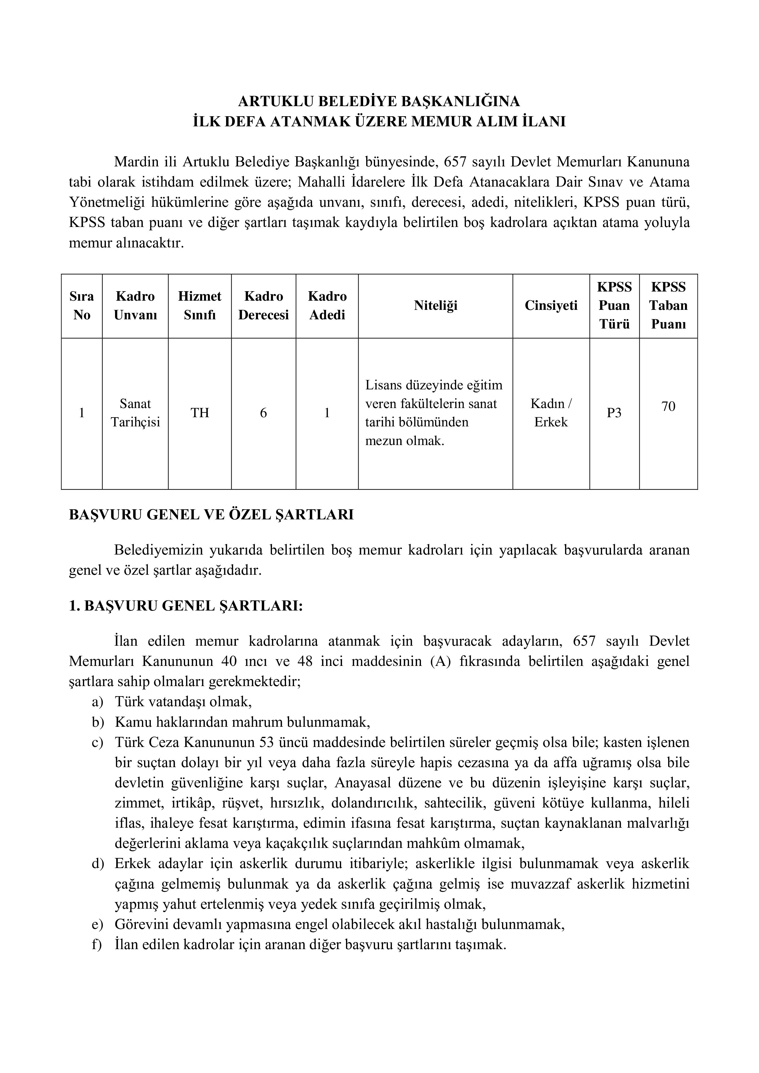 ARTUKLU BELEDİYE BAŞKANLIĞI 1 MEMUR ALACAK ( 20 Ekim - 24 Ekim) İlan İçeriği Sayfa 1