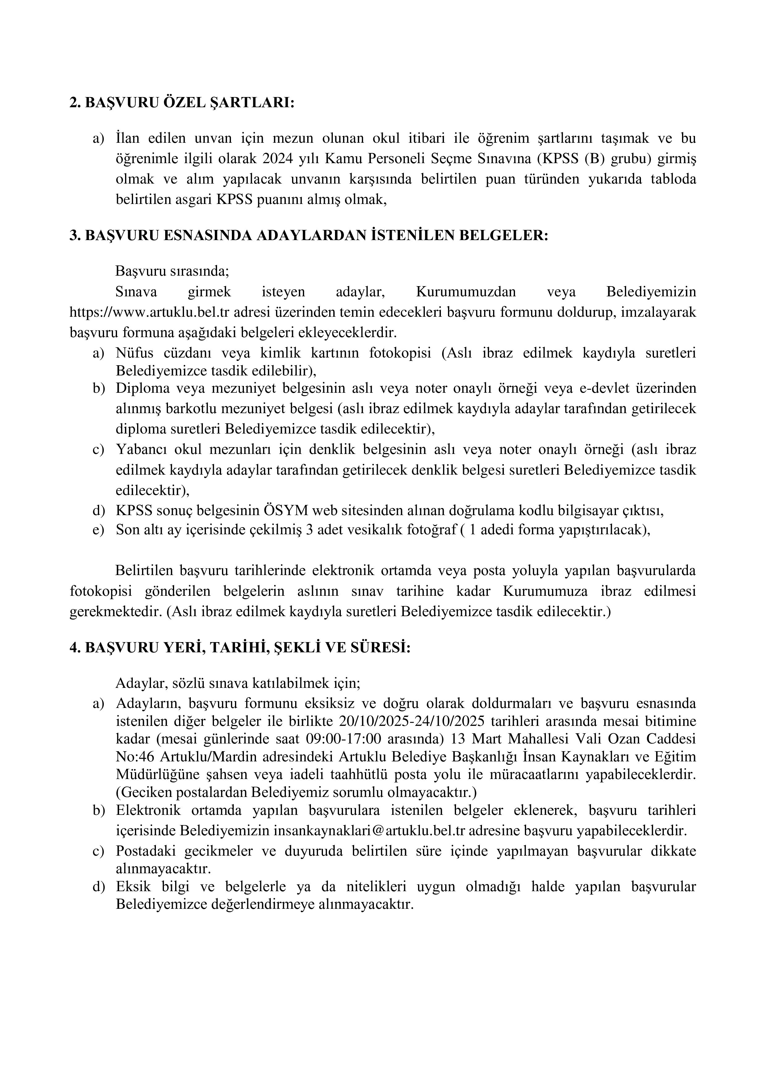 ARTUKLU BELEDİYE BAŞKANLIĞI 1 MEMUR ALACAK ( 20 Ekim - 24 Ekim) İlan İçeriği Sayfa 2