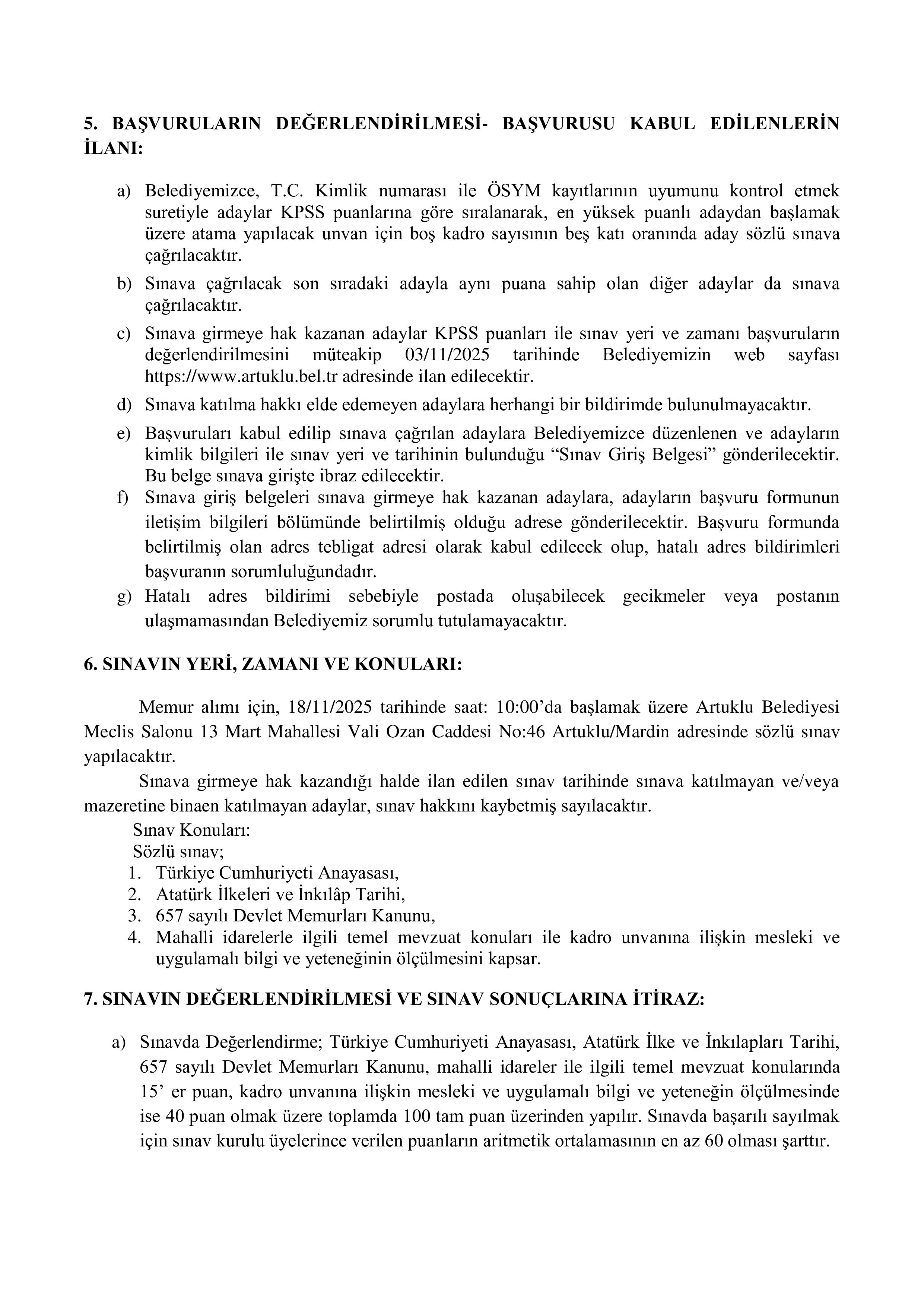 ARTUKLU BELEDİYE BAŞKANLIĞI 1 MEMUR ALACAK ( 20 Ekim - 24 Ekim) İlan İçeriği Sayfa 3