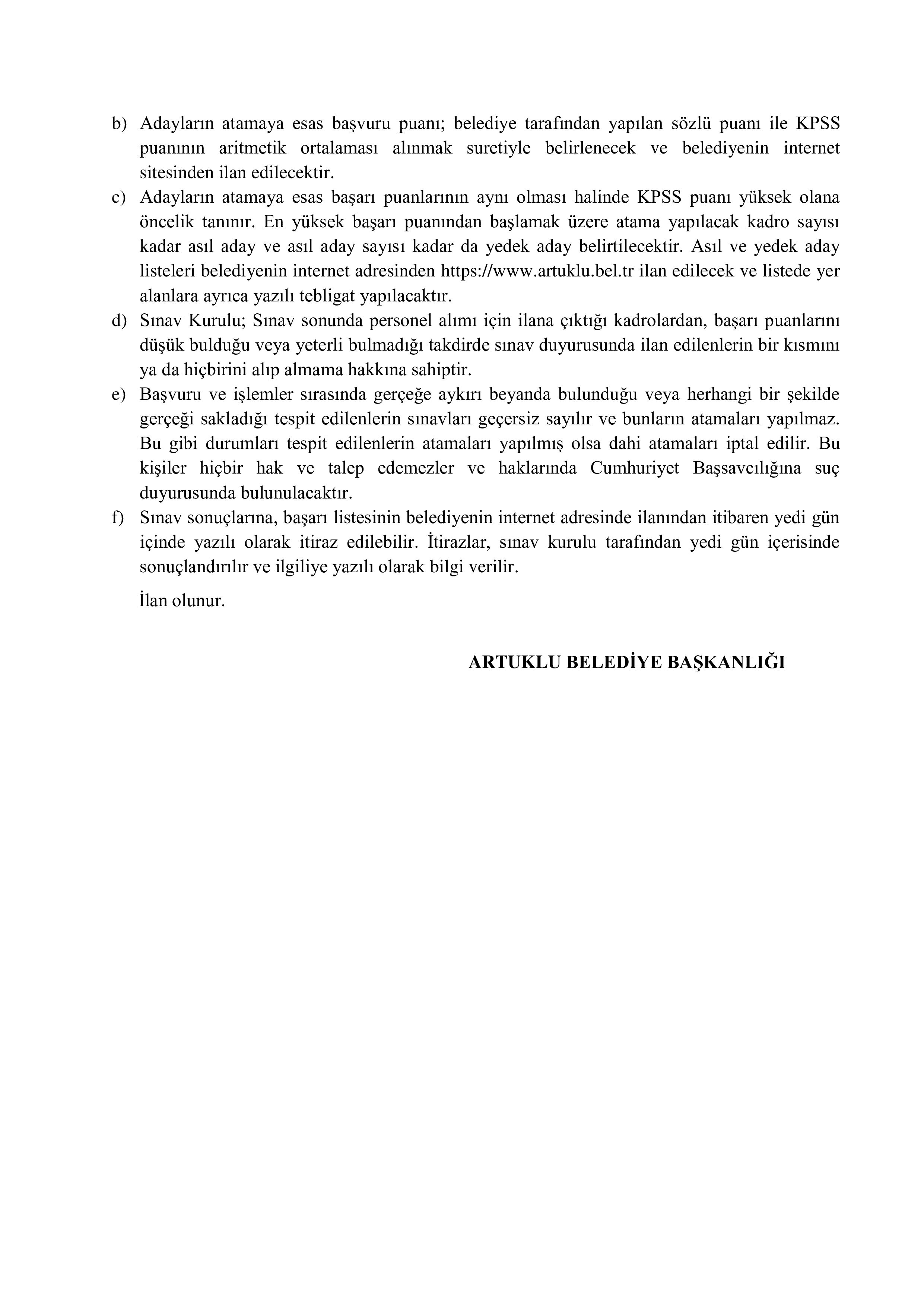 ARTUKLU BELEDİYE BAŞKANLIĞI 1 MEMUR ALACAK ( 20 Ekim - 24 Ekim) İlan İçeriği Sayfa 4