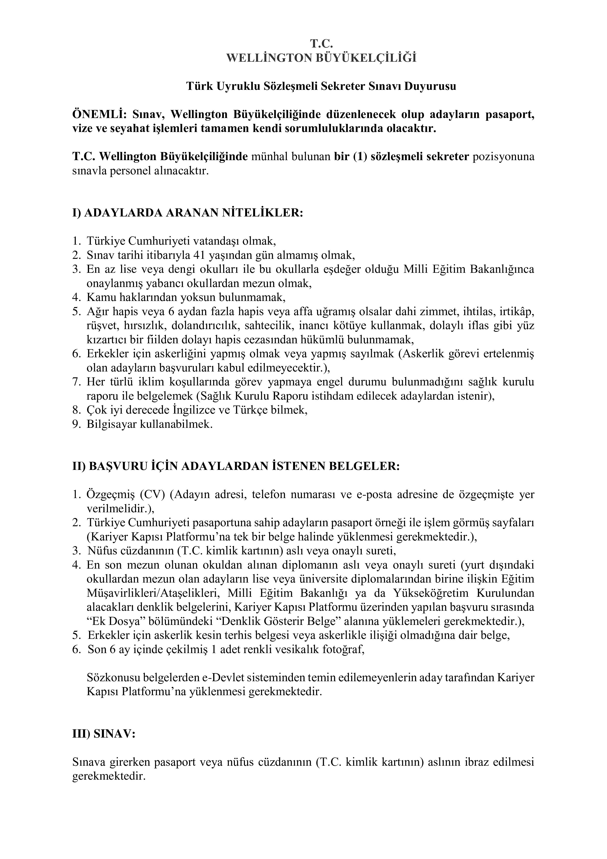 DIŞİŞLERİ BAKANLIĞI 1 SÖZLEŞMELİ SEKRETER ALACAK ( 16 Mart - 13 Nisan) İlan İçeriği Sayfa 1