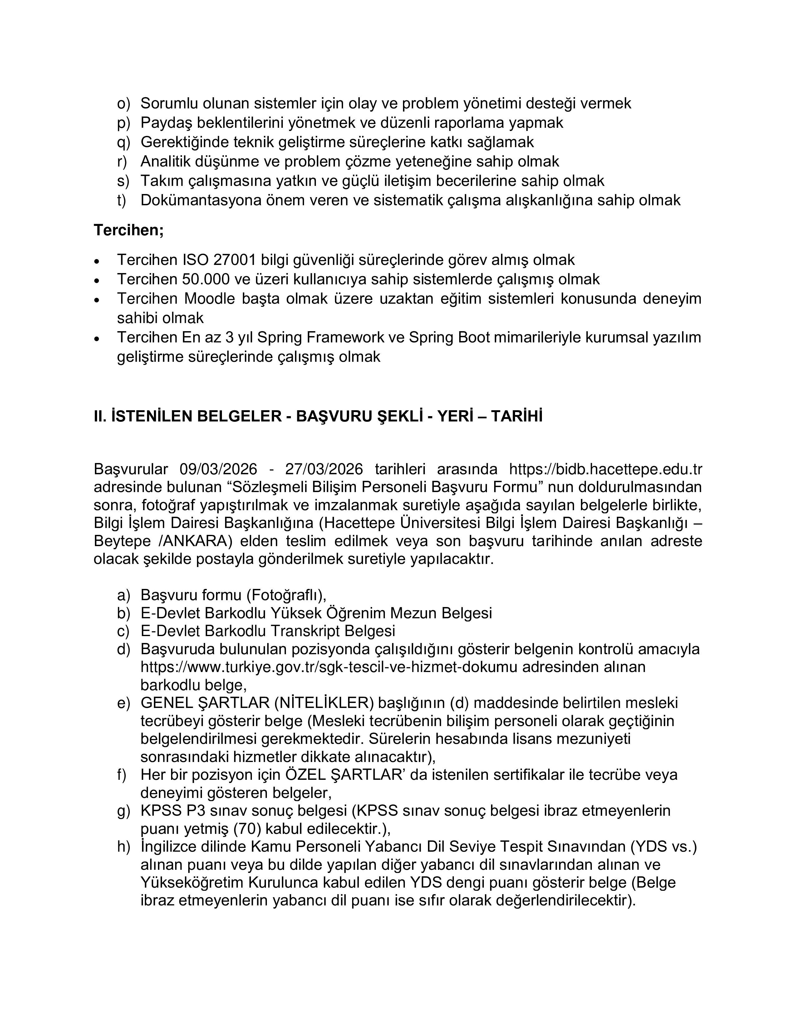 HACETTEPE ÜNİVERSİTESİ 1 SÖZLEŞMELİ BİLİŞİM PERSONELİ  ALACAK ( 9 Mart - 27 Mart) İlan İçeriği Sayfa 3