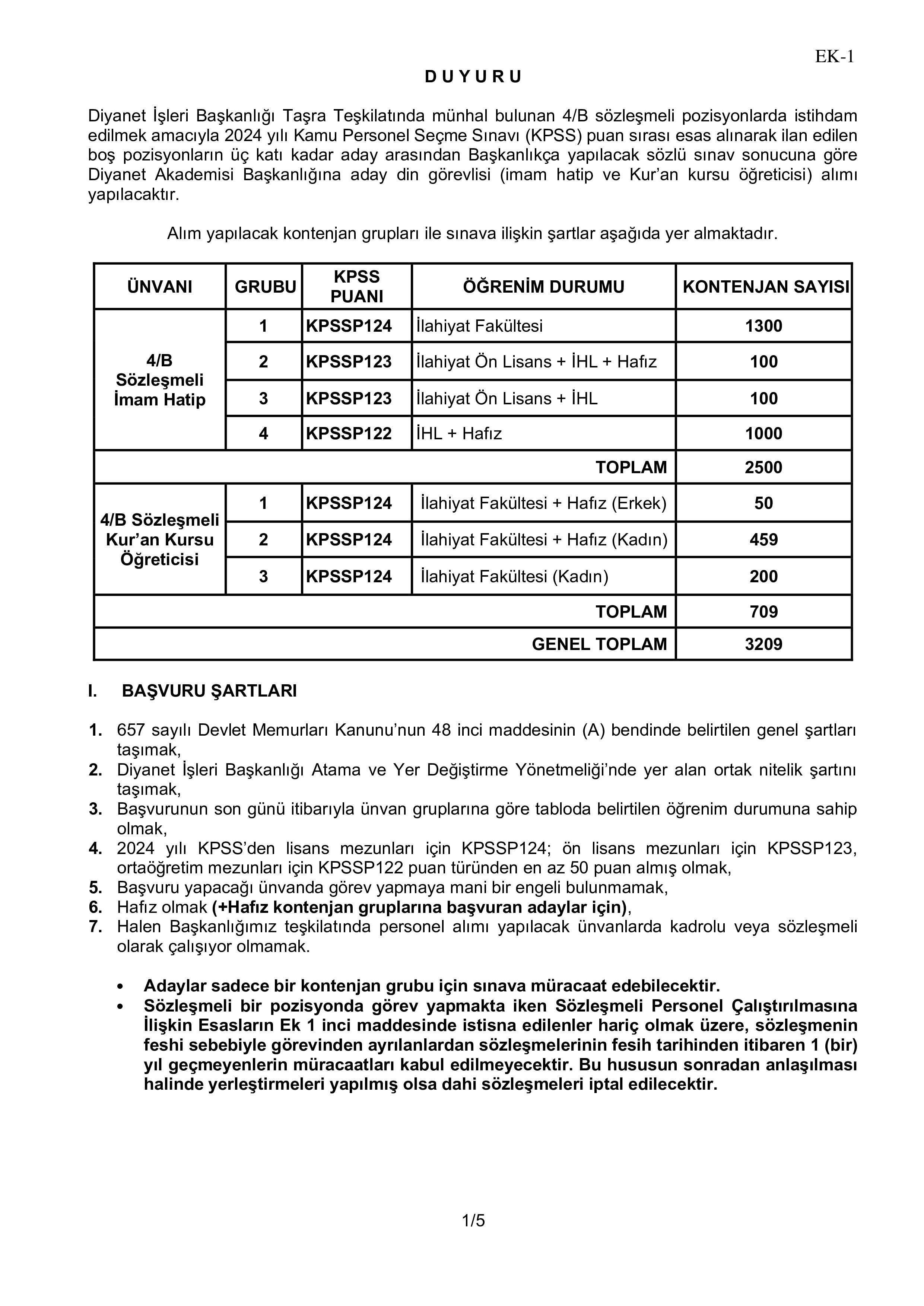 DİYANET İŞLERİ BAŞKANLIĞI 3209 ADAY DİN GÖREVLİSİ (İ-H, KKÖ) ALACAK ( 20 Nisan - 4 Mayıs) İlan İçeriği Sayfa 1