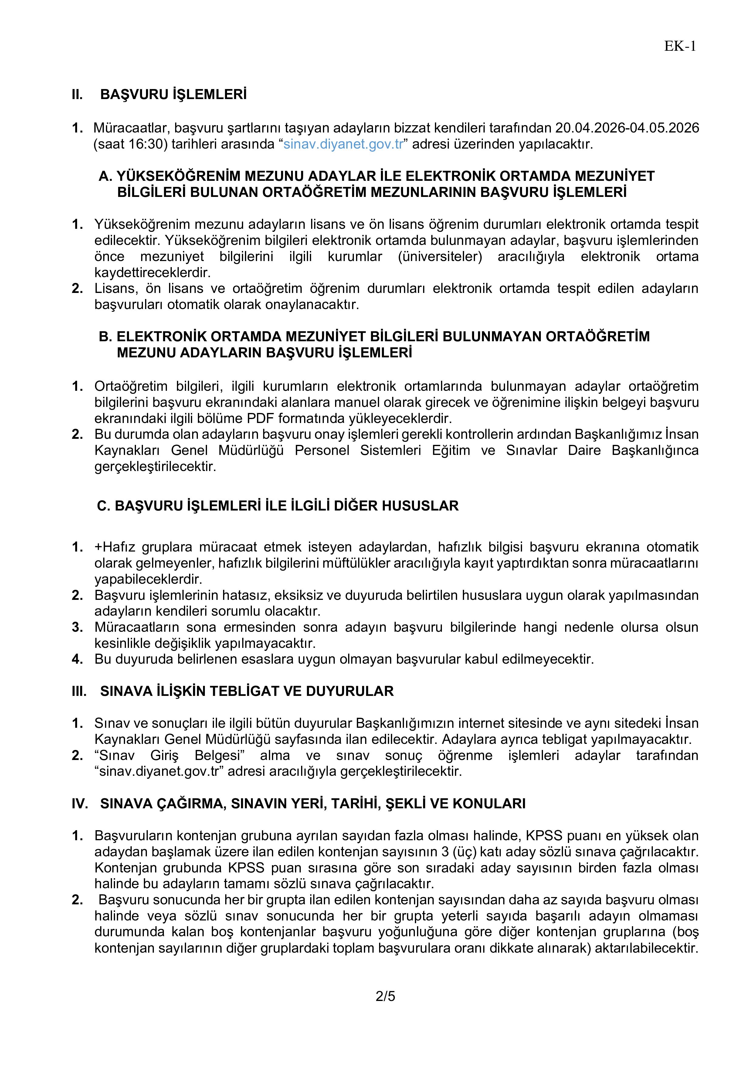 DİYANET İŞLERİ BAŞKANLIĞI 3209 ADAY DİN GÖREVLİSİ (İ-H, KKÖ) ALACAK ( 20 Nisan - 4 Mayıs) İlan İçeriği Sayfa 2