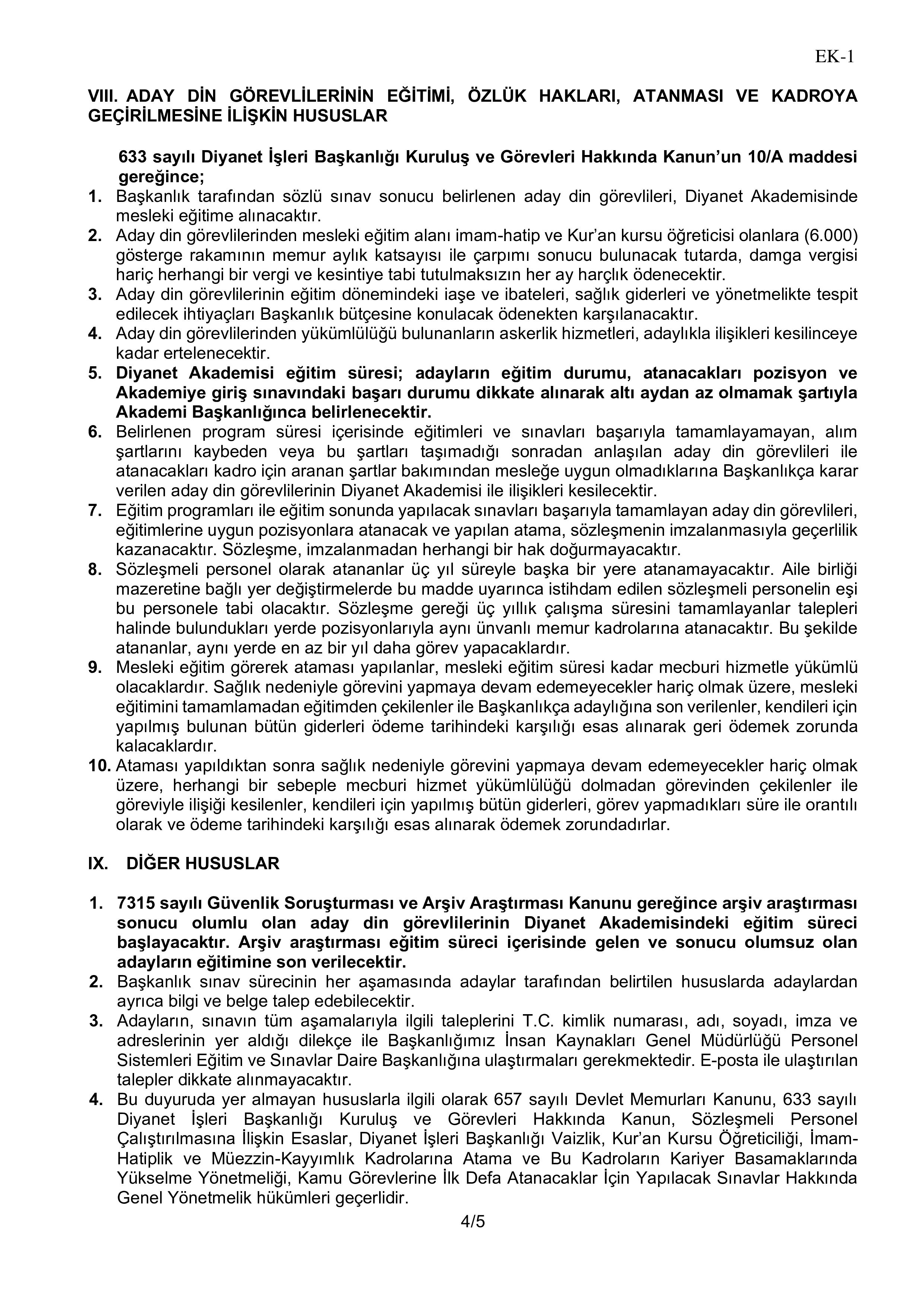 DİYANET İŞLERİ BAŞKANLIĞI 3209 ADAY DİN GÖREVLİSİ (İ-H, KKÖ) ALACAK ( 20 Nisan - 4 Mayıs) İlan İçeriği Sayfa 4