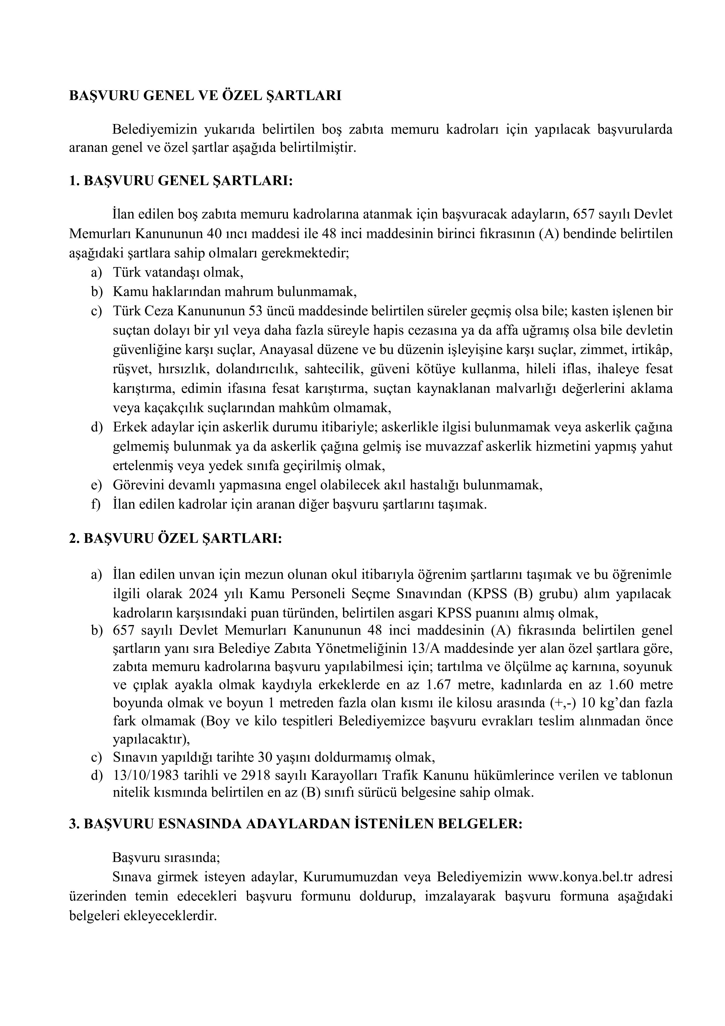 KONYA BÜYÜKŞEHİR BELEDİYE BAŞKANLIĞI 40 ZABITA MEMURU ALACAK ( 2 Haziran - 4 Haziran) İlan İçeriği Sayfa 2