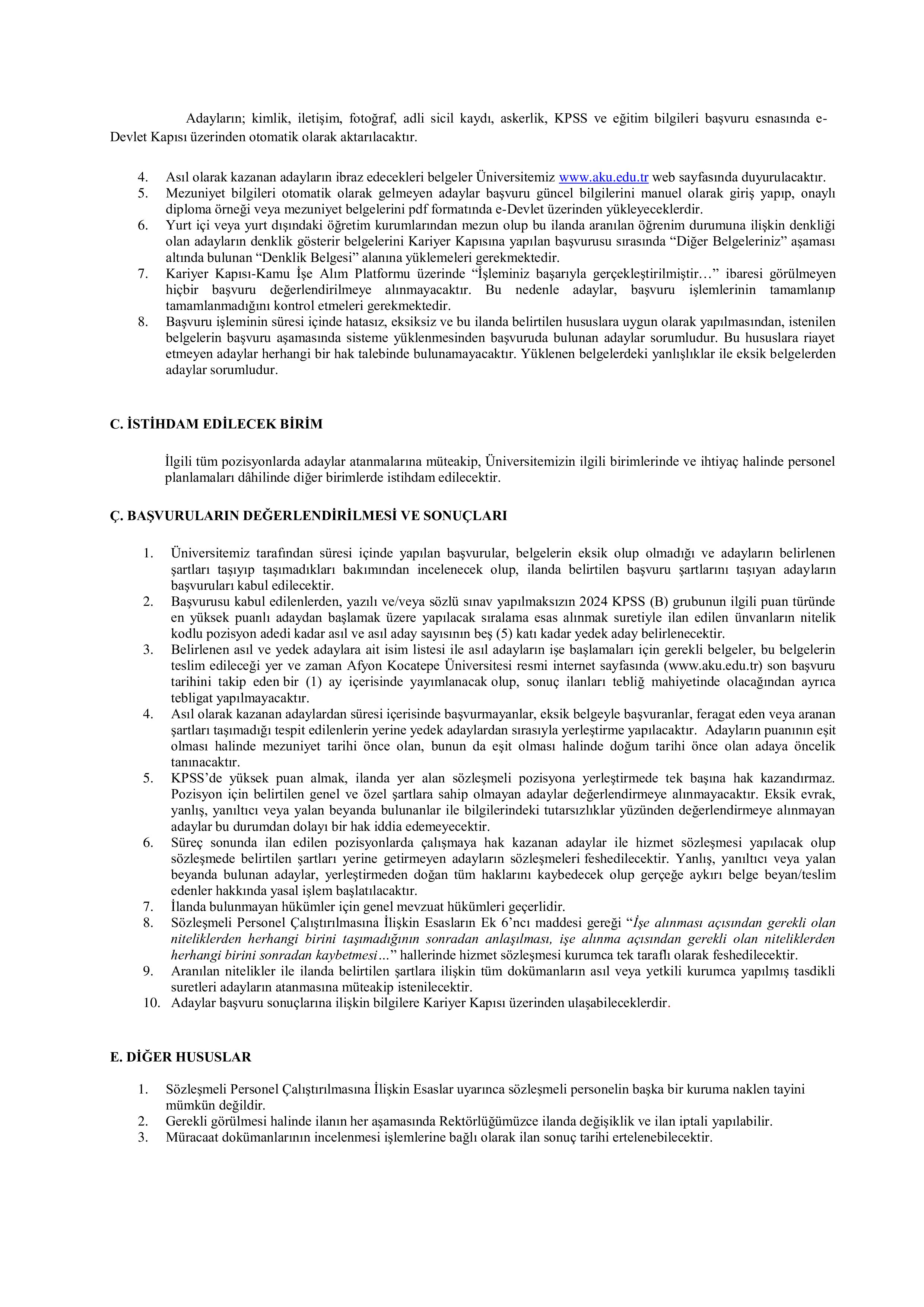 AFYON KOCATEPE ÜNİVERSİTESİ 22 SÖZLEŞMELİ PERSONEL ALACAK ( 9 Ocak - 23 Ocak) İlan İçeriği Sayfa 3