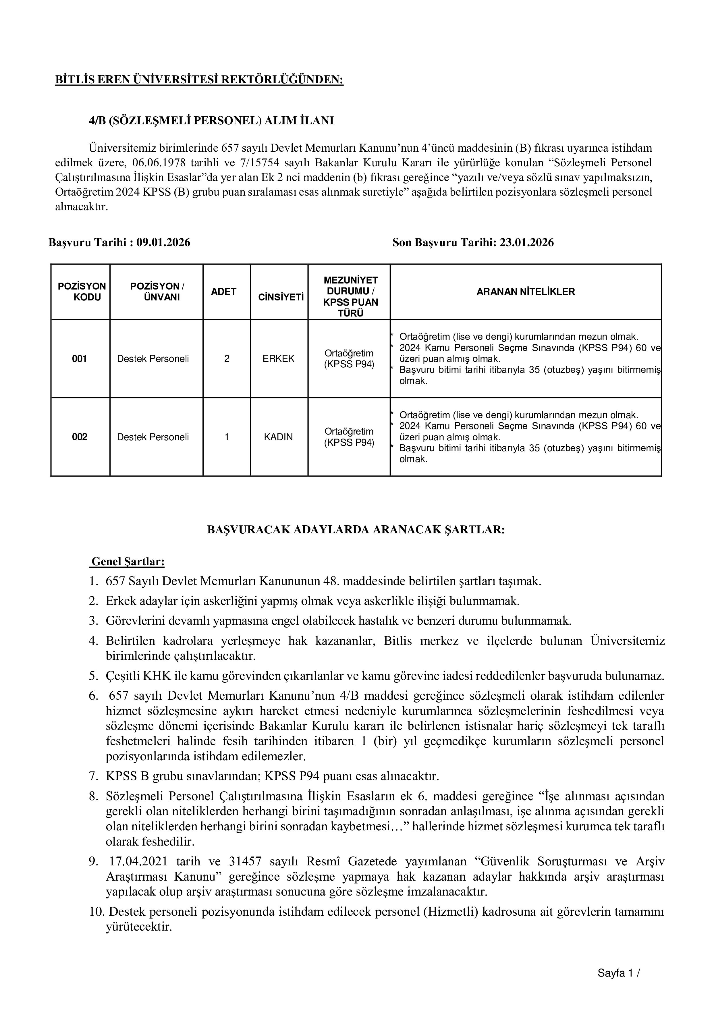 BİTLİS EREN ÜNİVERSİTESİ 3 SÖZLEŞMELİ PERSONEL ALACAK ( 9 Ocak - 23 Ocak) İlan İçeriği Sayfa 1