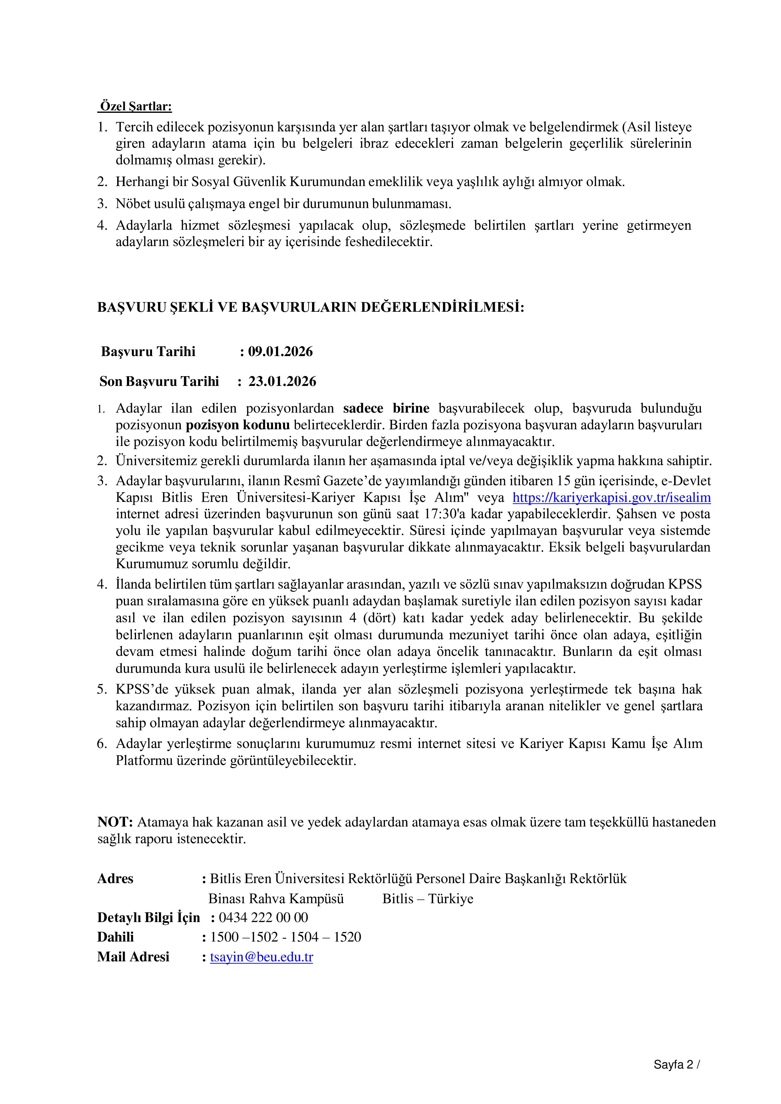 BİTLİS EREN ÜNİVERSİTESİ 3 SÖZLEŞMELİ PERSONEL ALACAK ( 9 Ocak - 23 Ocak) İlan İçeriği Sayfa 2