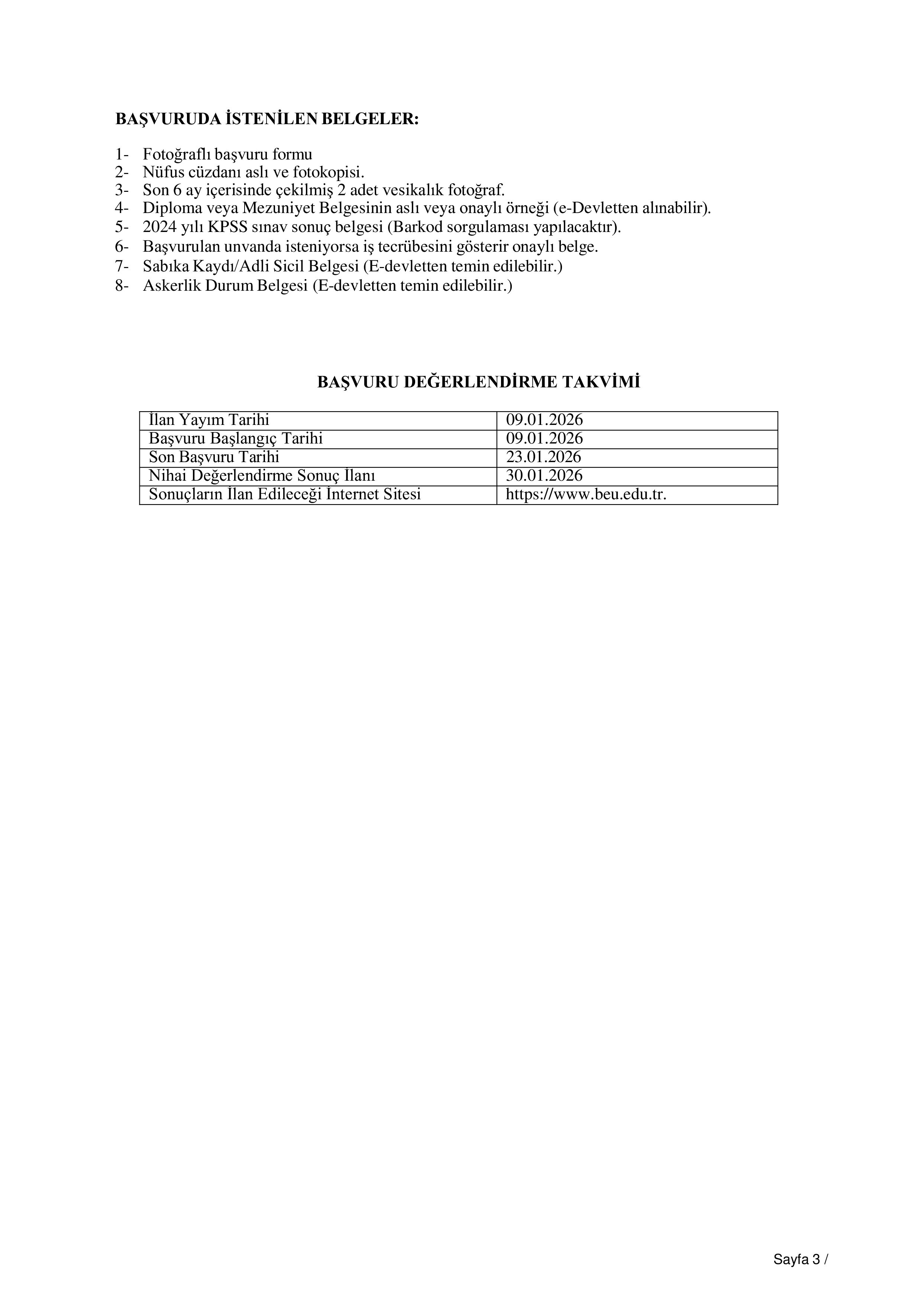 BİTLİS EREN ÜNİVERSİTESİ 3 SÖZLEŞMELİ PERSONEL ALACAK ( 9 Ocak - 23 Ocak) İlan İçeriği Sayfa 3