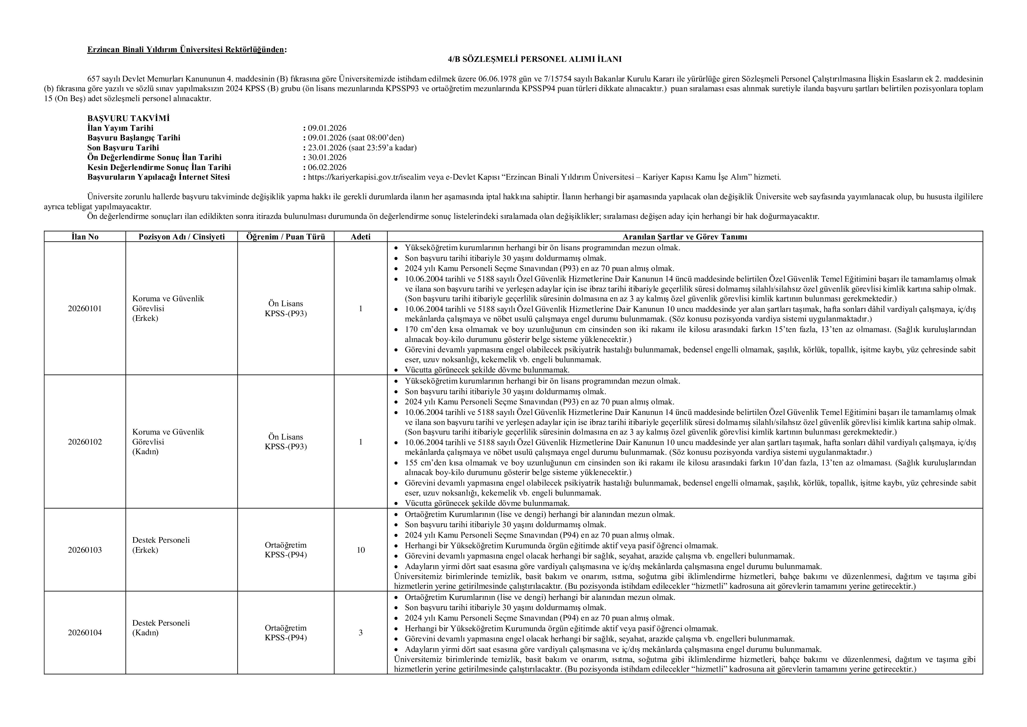 ERZİNCAN BİNALİ YILDIRIM ÜNİVERSİTESİ 15 SÖZLEŞMELİ PERSONEL ALACAK ( 9 Ocak - 23 Ocak) İlan İçeriği Sayfa 1