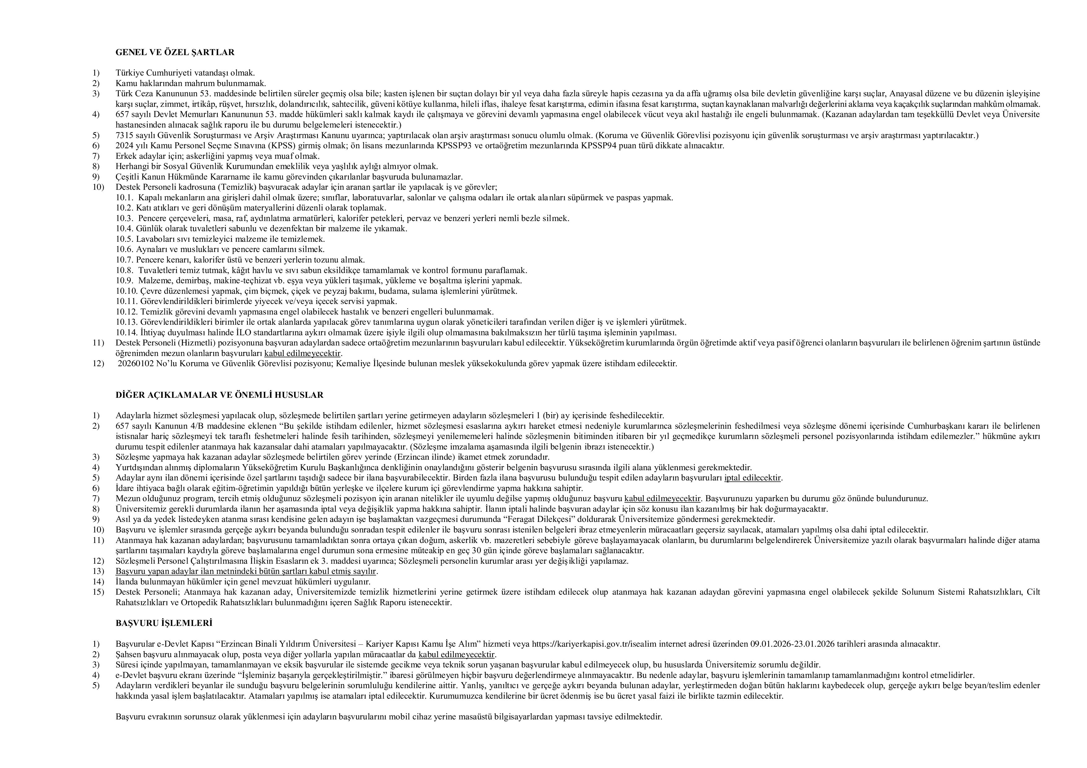 ERZİNCAN BİNALİ YILDIRIM ÜNİVERSİTESİ 15 SÖZLEŞMELİ PERSONEL ALACAK ( 9 Ocak - 23 Ocak) İlan İçeriği Sayfa 2