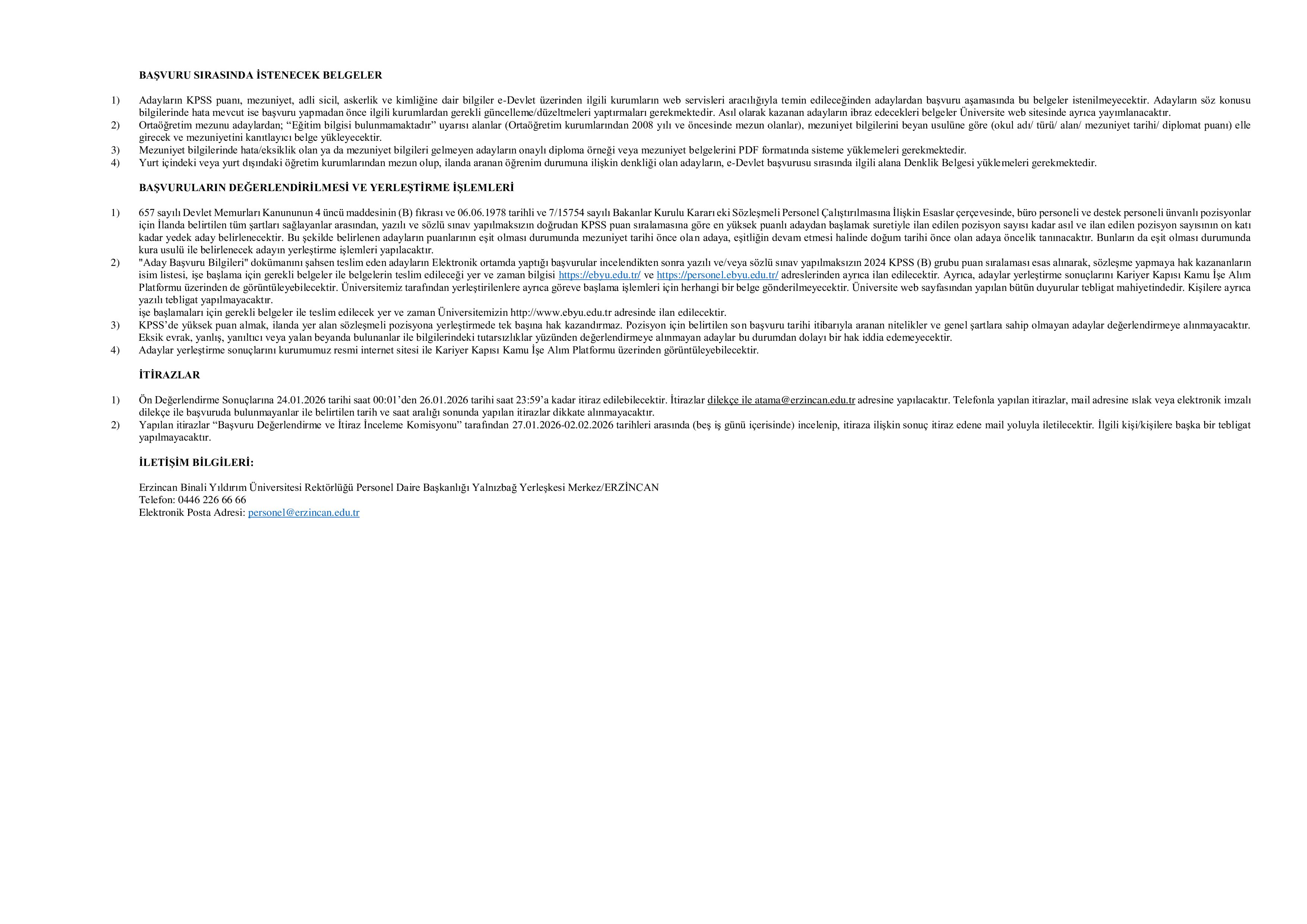 ERZİNCAN BİNALİ YILDIRIM ÜNİVERSİTESİ 15 SÖZLEŞMELİ PERSONEL ALACAK ( 9 Ocak - 23 Ocak) İlan İçeriği Sayfa 3