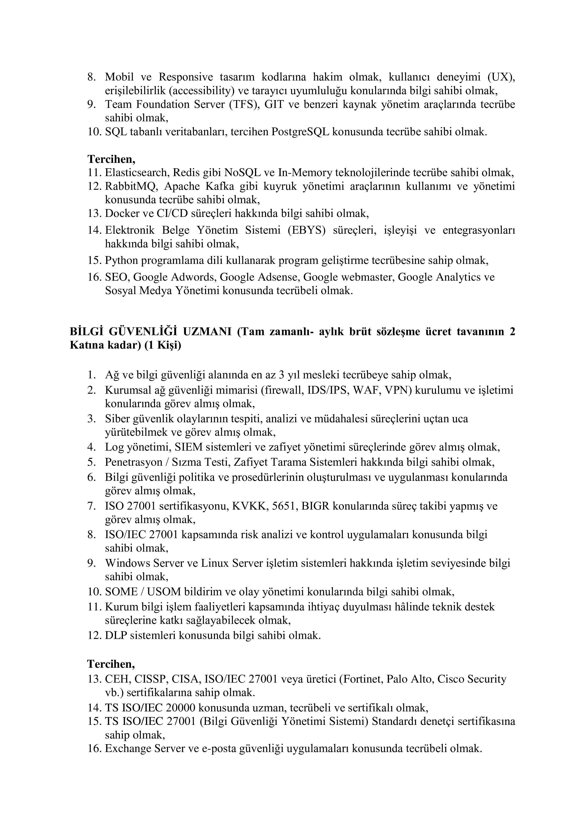 KAMU DENETÇİLİĞİ KURUMU 5 SÖZLEŞMELİ BİLİŞİM PERSONELİ ALACAK ( 9 Ocak - 24 Ocak) İlan İçeriği Sayfa 4
