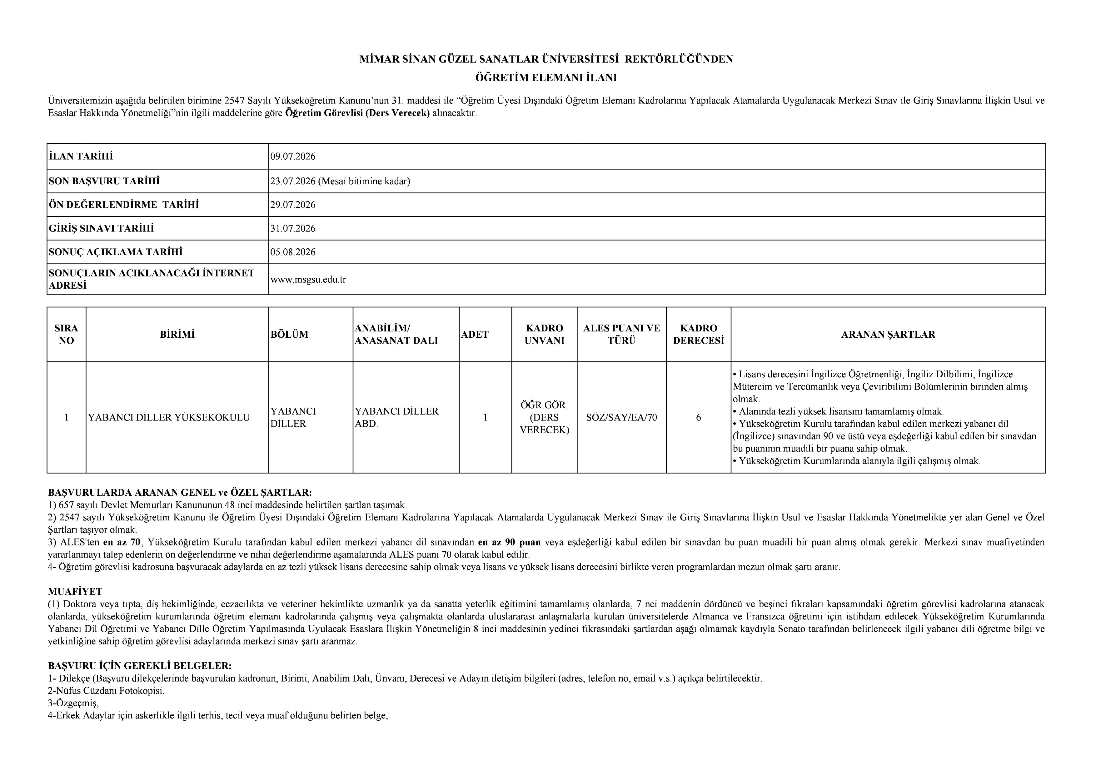 İlan İçeriği Sayfa 1 MİMAR SİNAN GÜZEL SANATLAR ÜNİVERSİTESİ 1 ÖĞRETİM ELEMANI ALACAK ( 9 Temmuz - 23 Temmuz) İlan İçeriği Sayfa 1