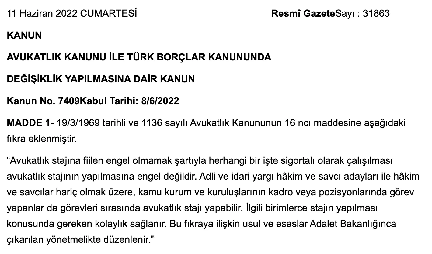 avukatlık stajına dair kanun değişikliği