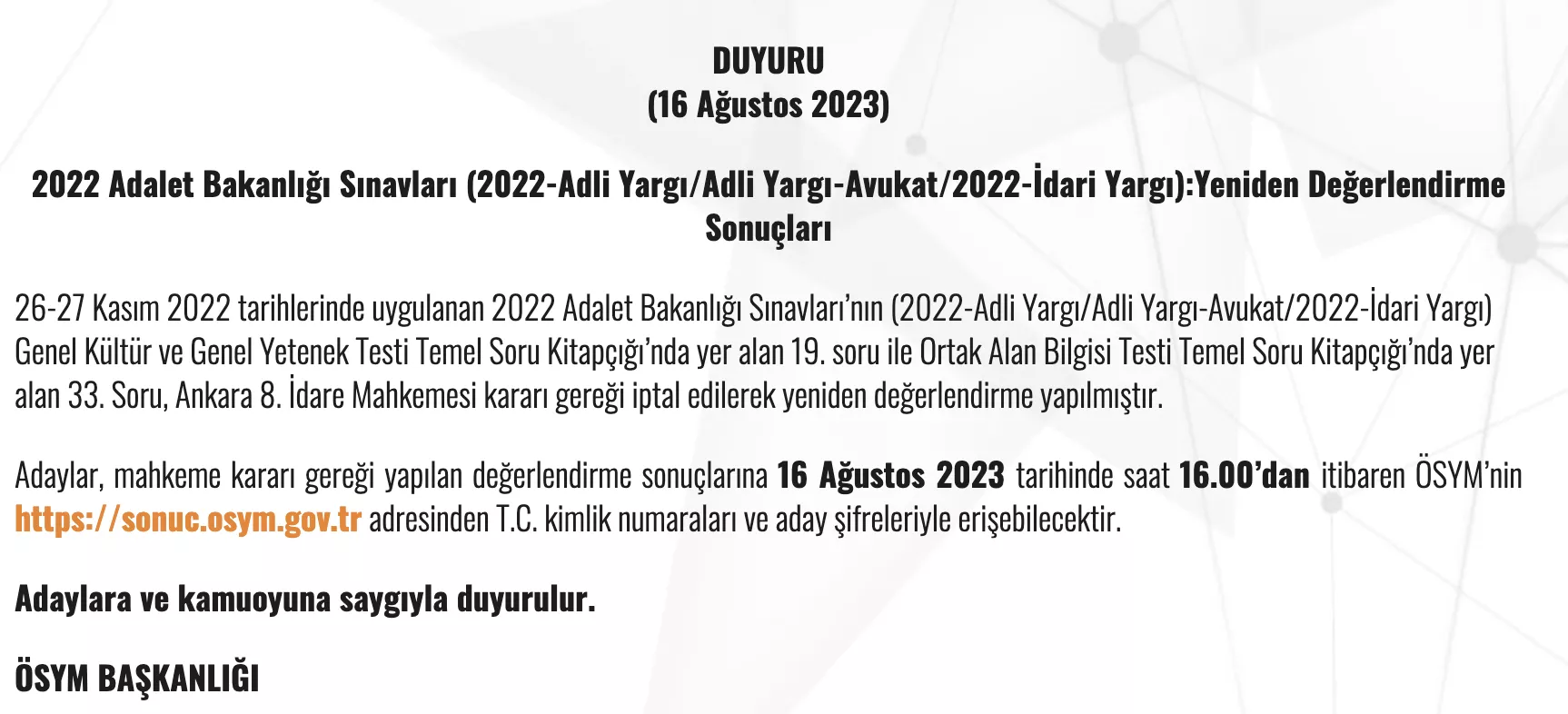 hakimlik sınavı yeniden değerlendirme sonuçları