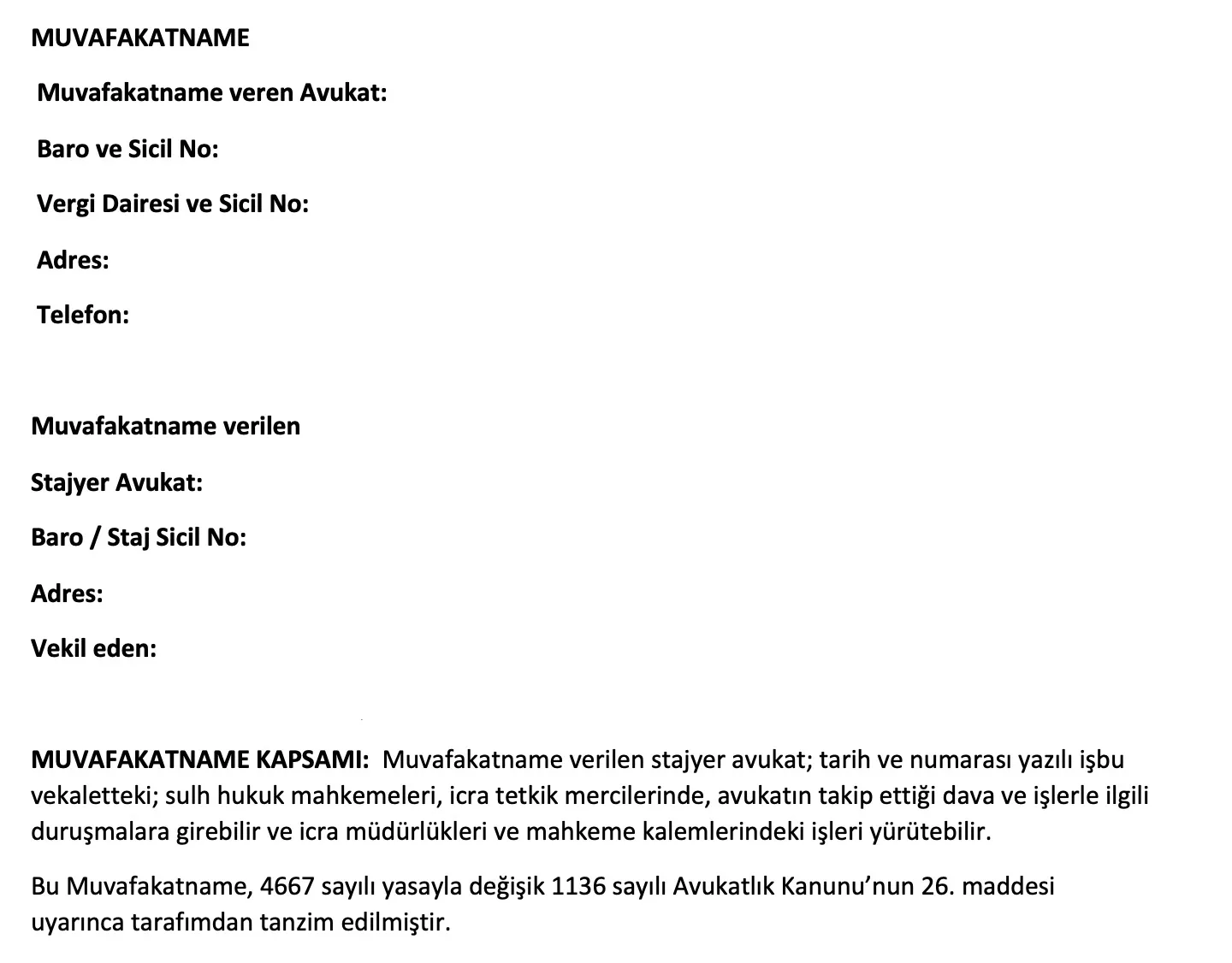 stajyer avukat muvafakatname